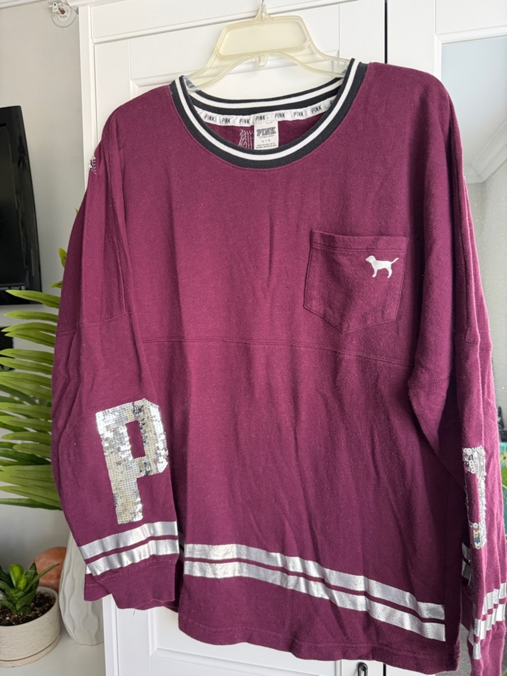 PINK Victoria's Secret Maroon Sequin Logo Long Sleeve Top